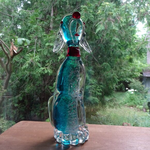 8" Vintage Murano Blue and Clear Glass Dog with Silver Flakes and Red Nose - Picture 15 of 16